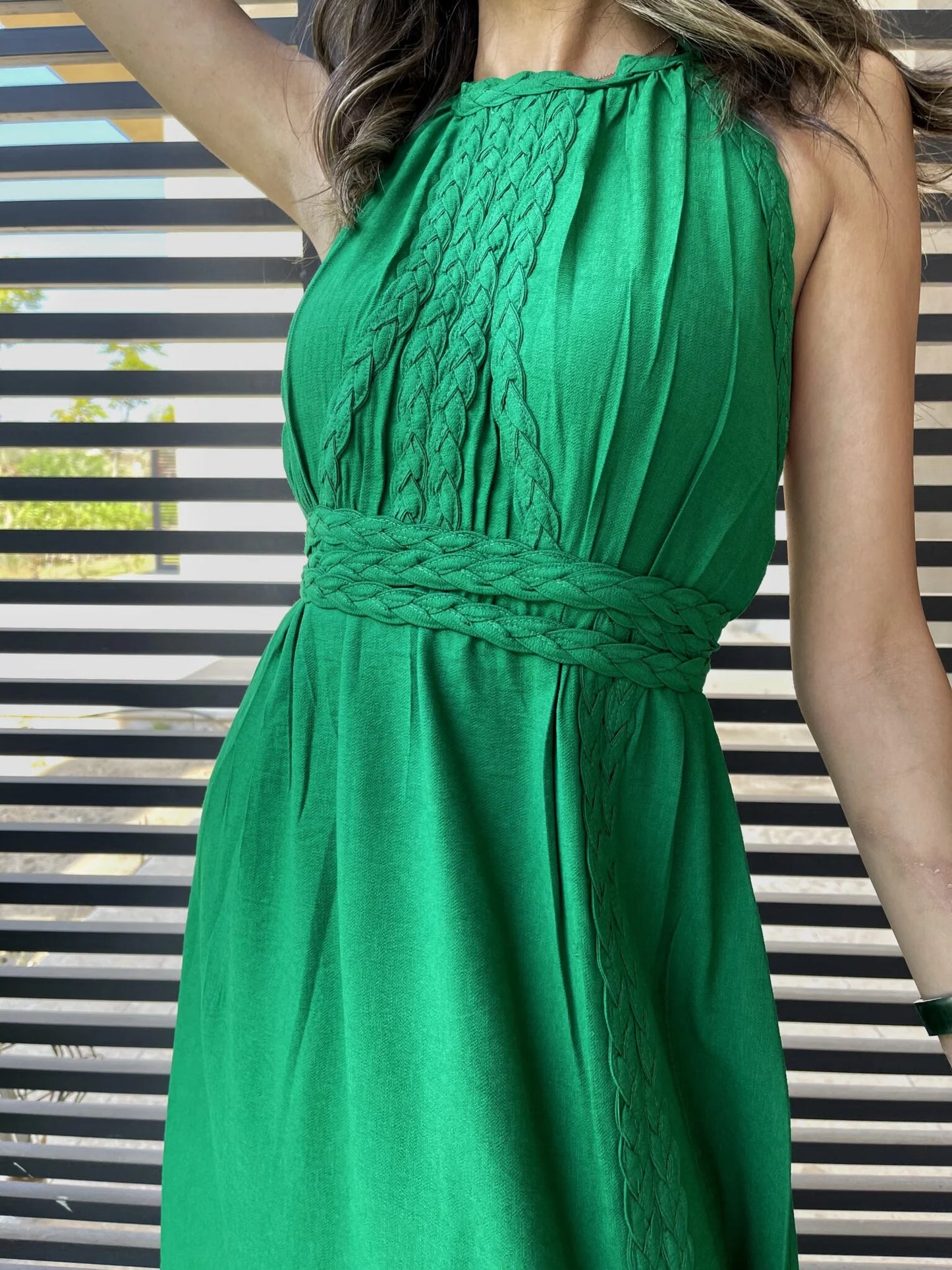Green halter neck linen dress