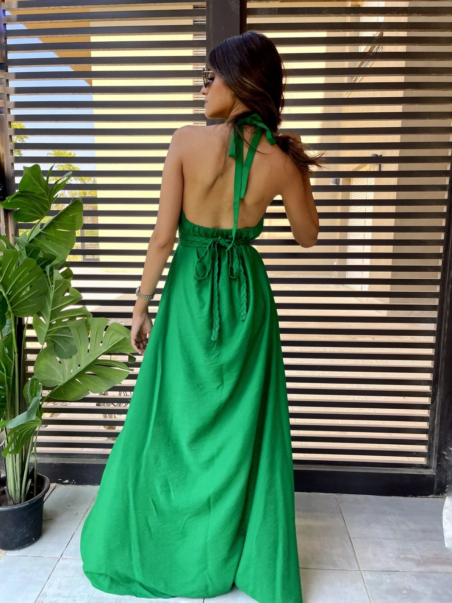 Green halter neck linen dress