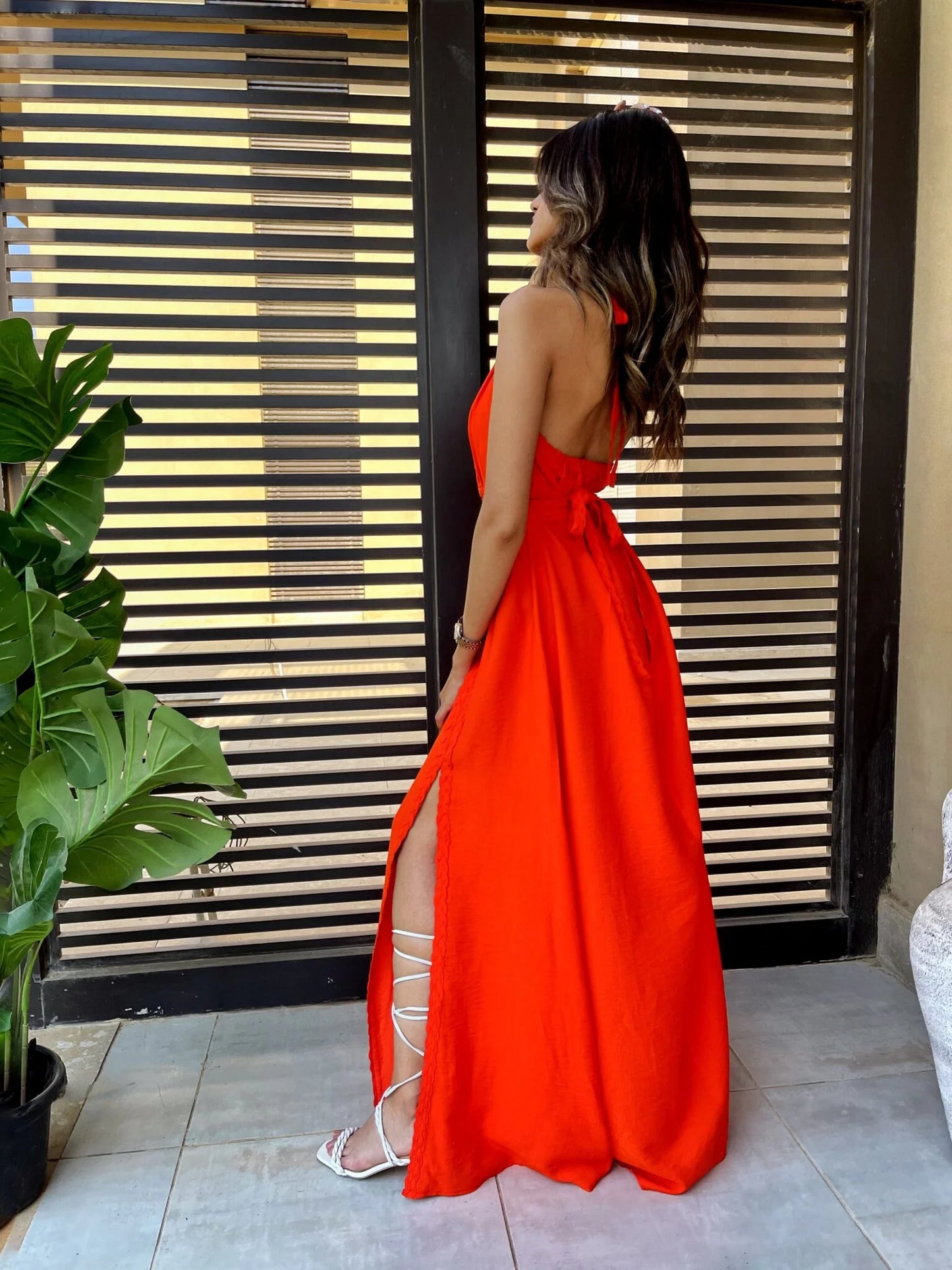 Orange halter neck linen dress