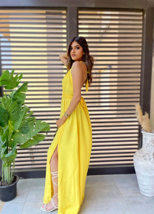 Yellow halter neck linen dress