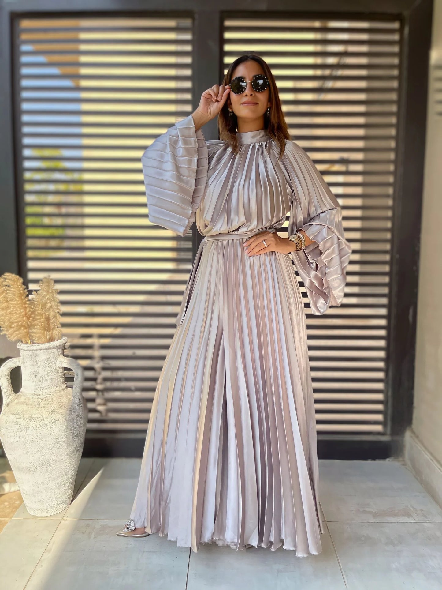 Silk satin Silver pleated jumpsuit with sleeves