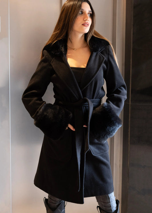 Black Coat with fur Hoodie and Cuffs