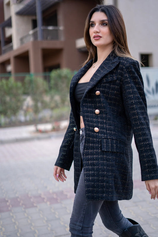 Over sized Black tweed blazer with gold threads