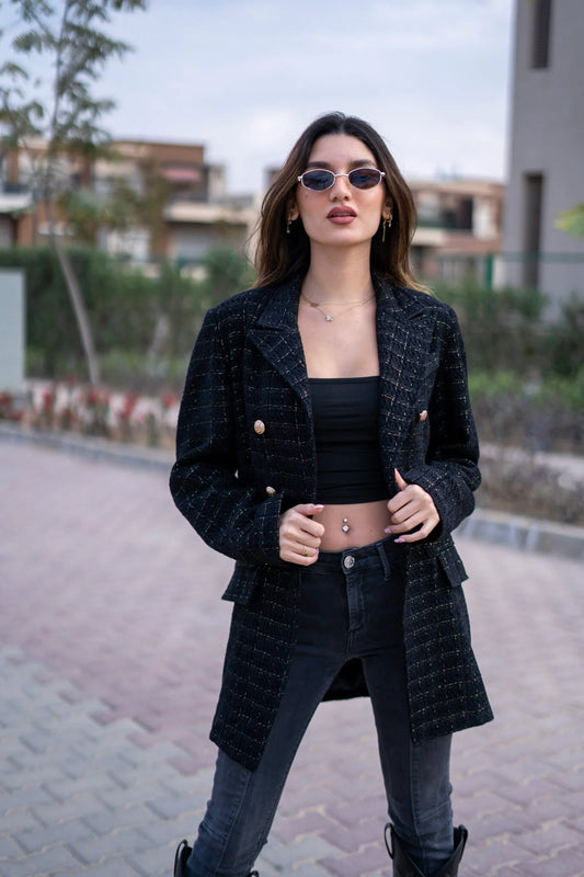 Over sized Black tweed blazer with gold threads