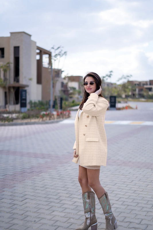 Over sized Off White tweed blazer with gold threads