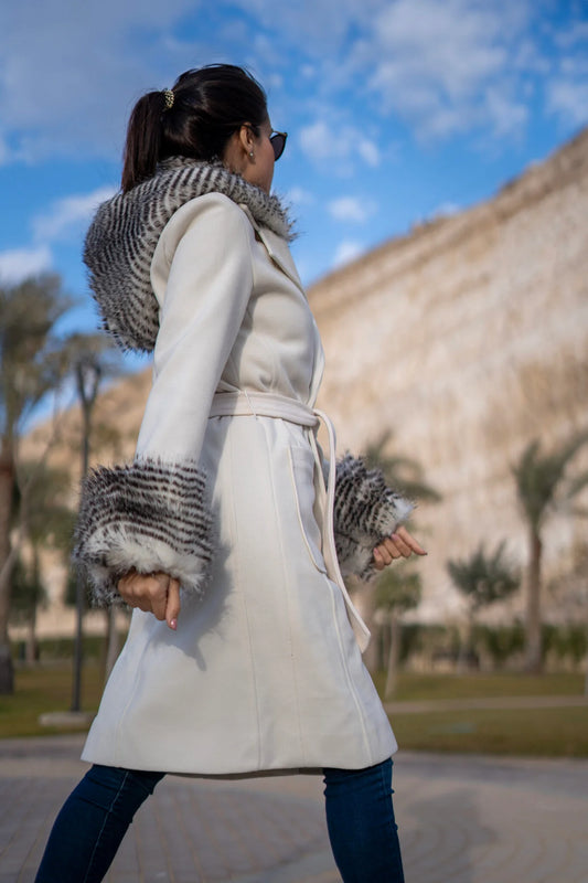 Off-White Coat with patterned fur hoodie and cuffs