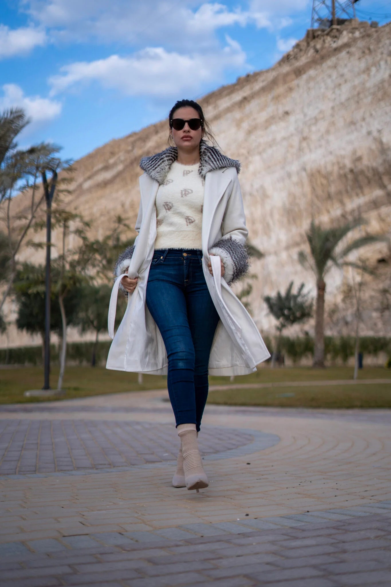 Off-White Coat with patterned fur hoodie and cuffs