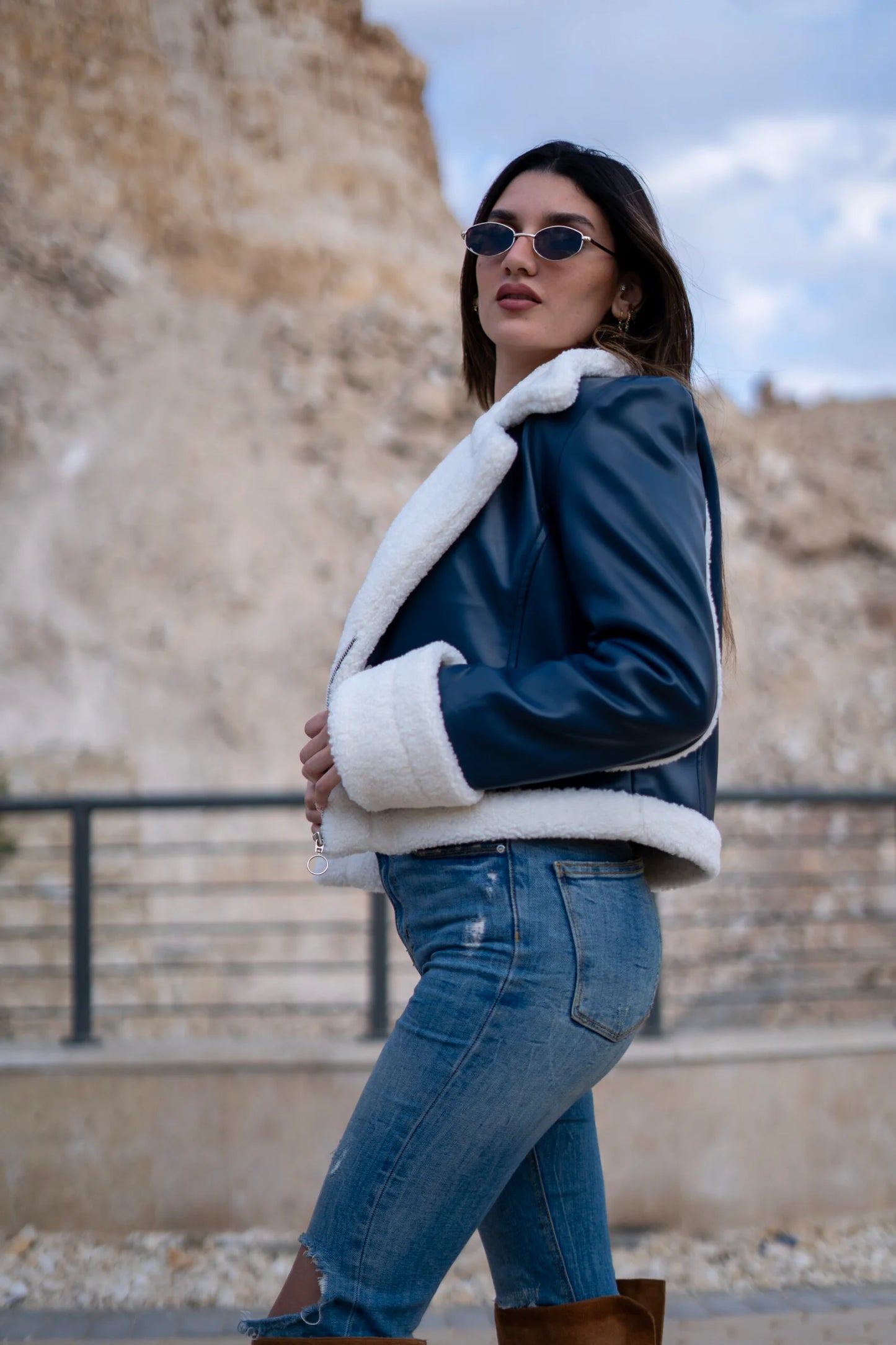 Navy-blue Leather shearling jacket