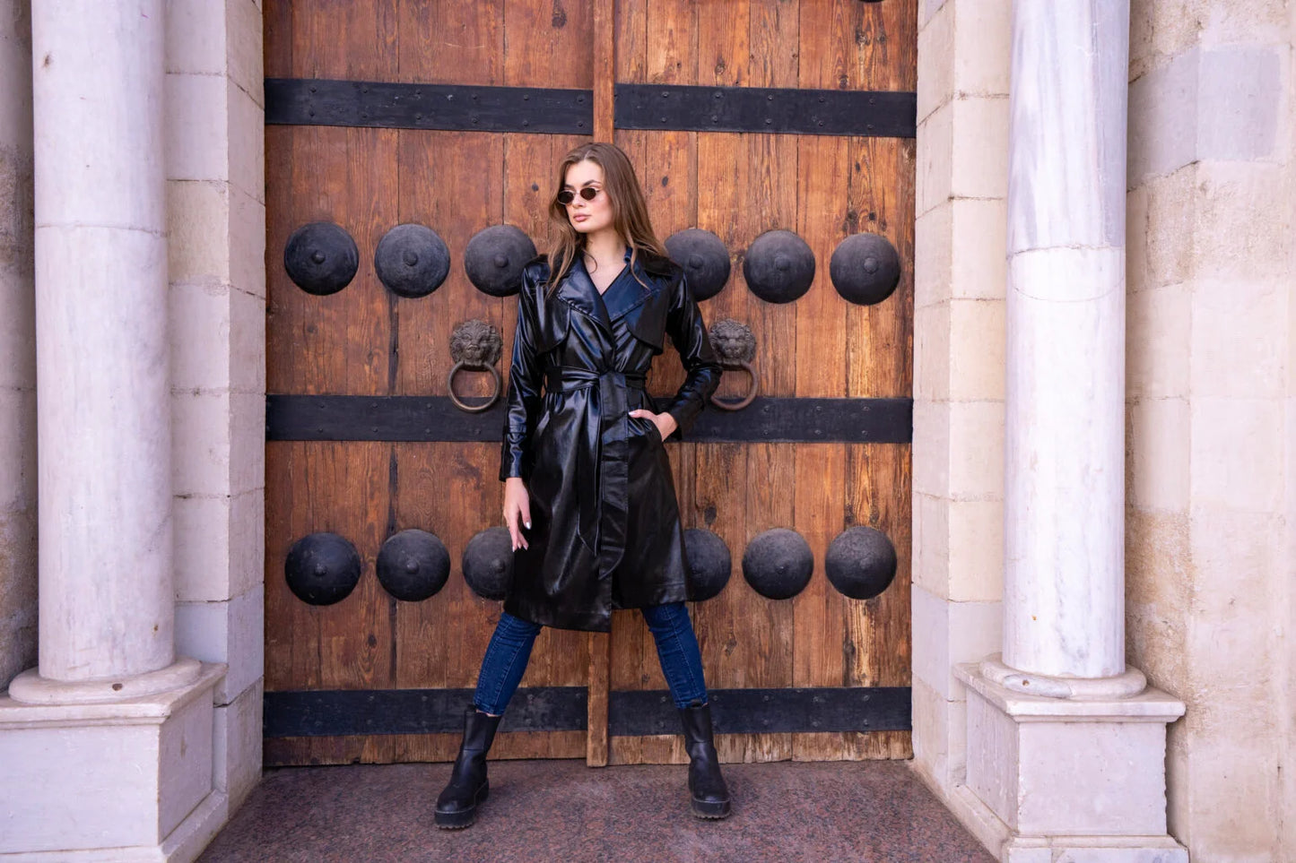 Long Black Leather Trench Coat