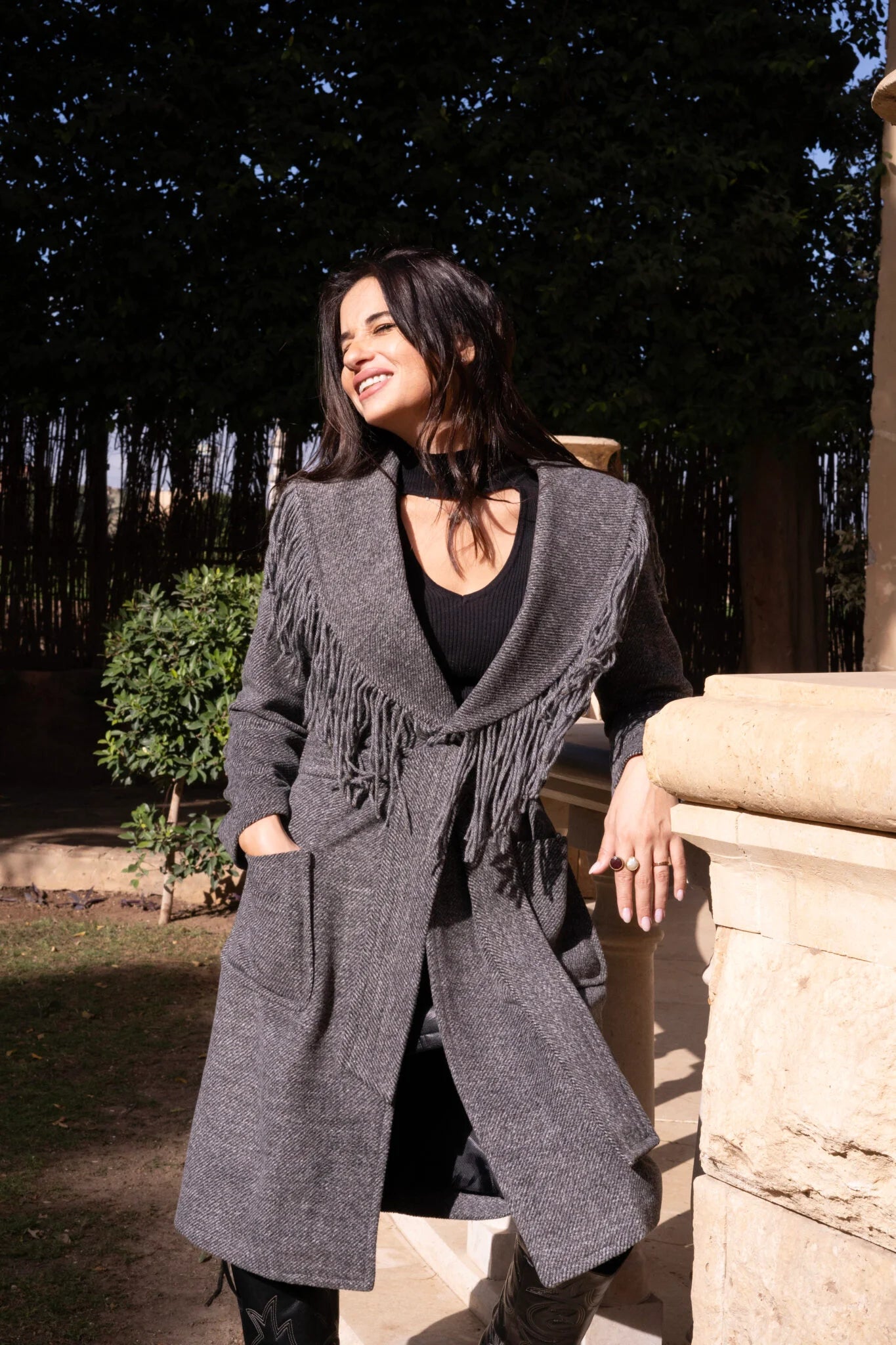 Grey wool coat with fringes