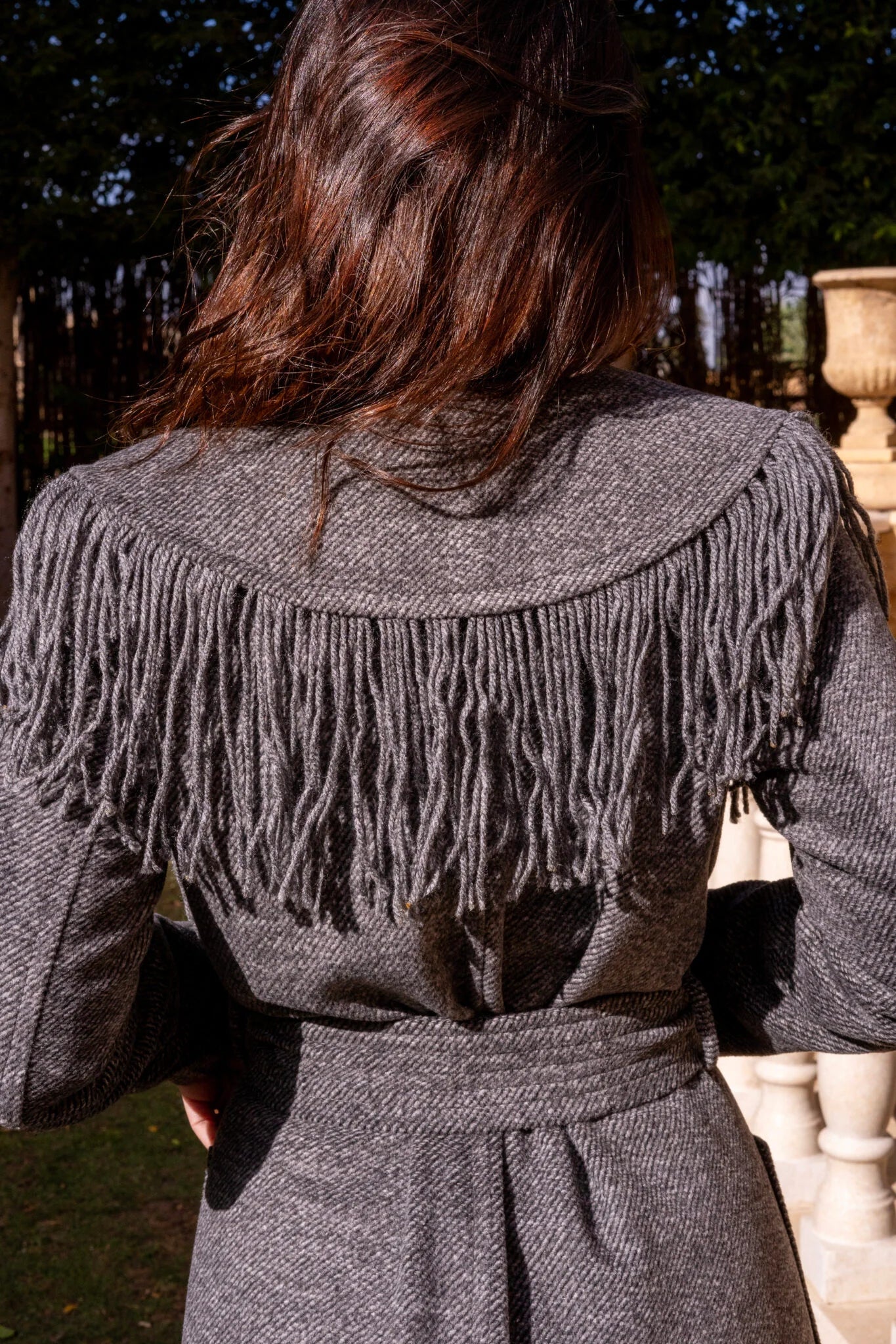 Grey wool coat with fringes