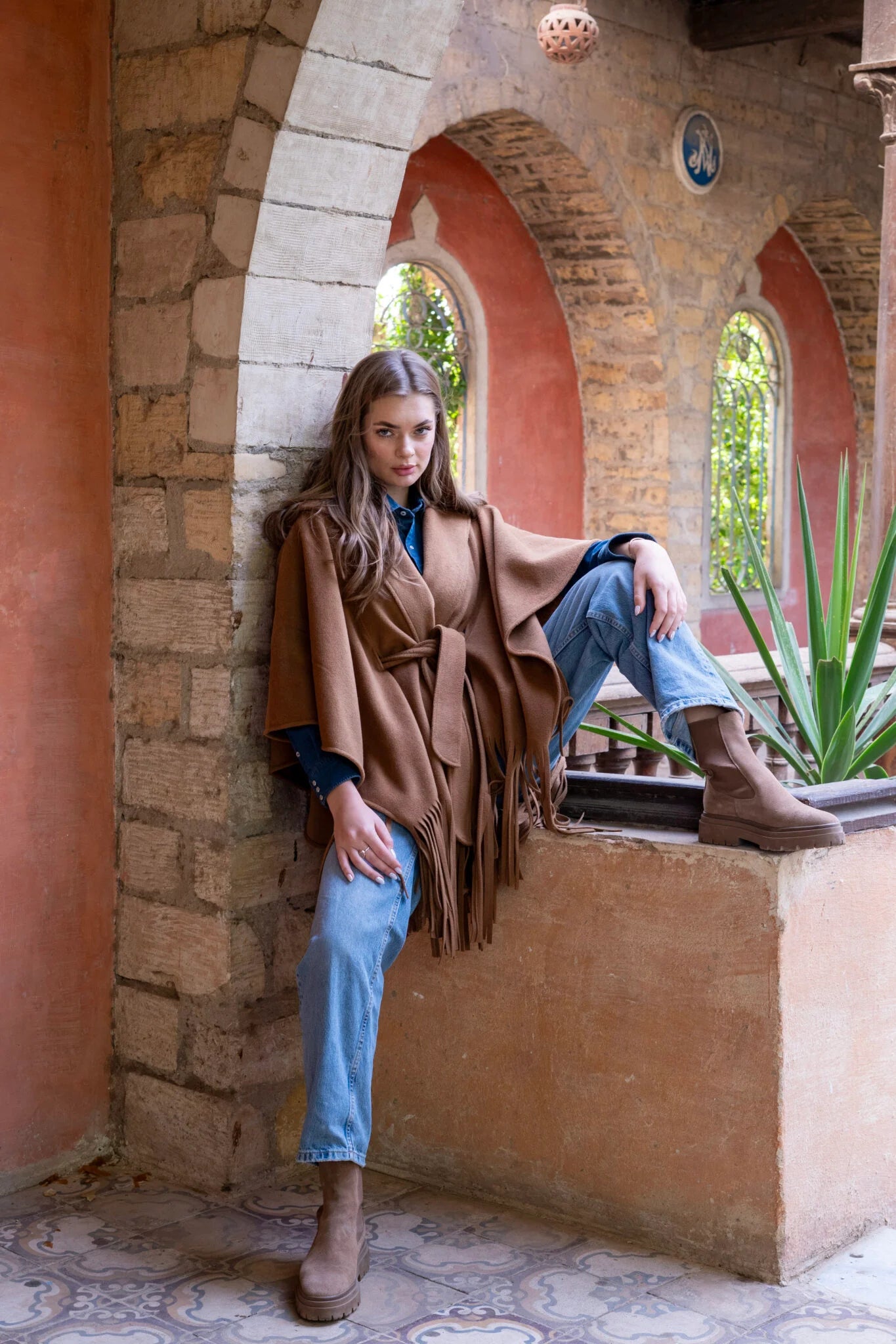 Camel Poncho With Fringes