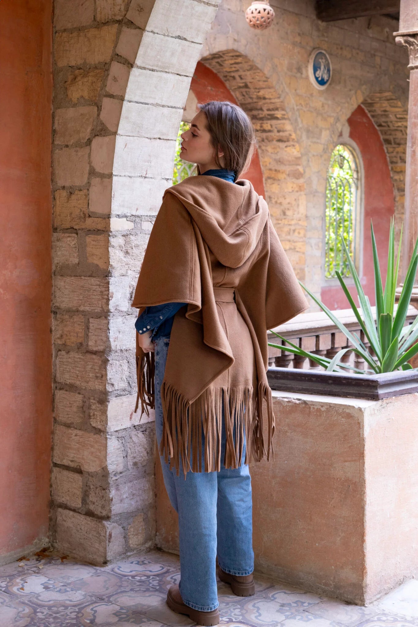 Camel Poncho With Fringes