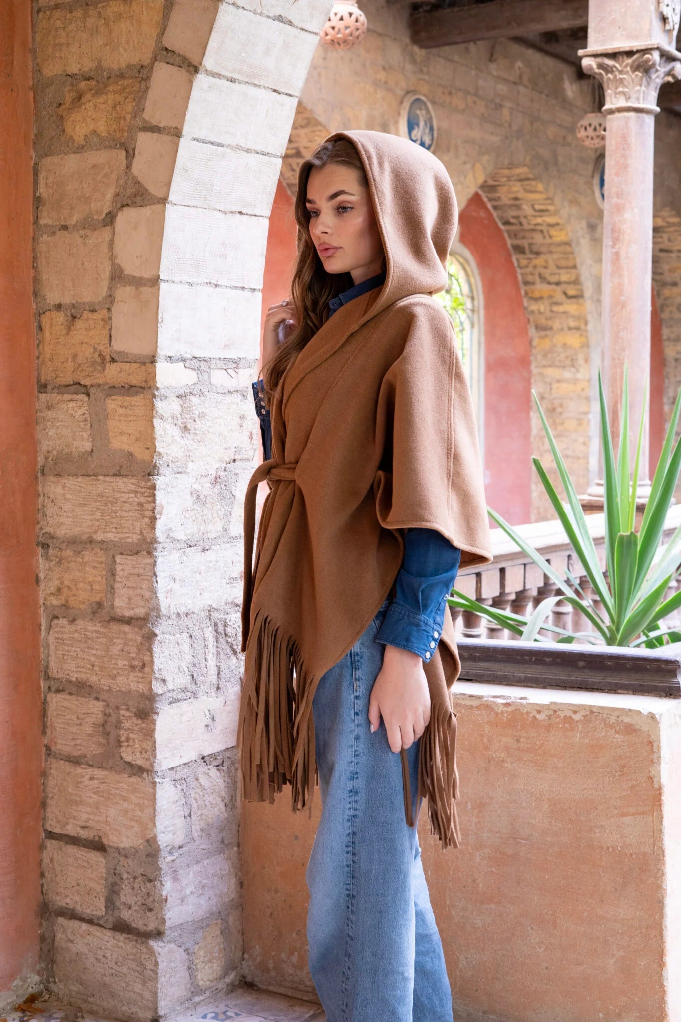 Camel Poncho With Fringes