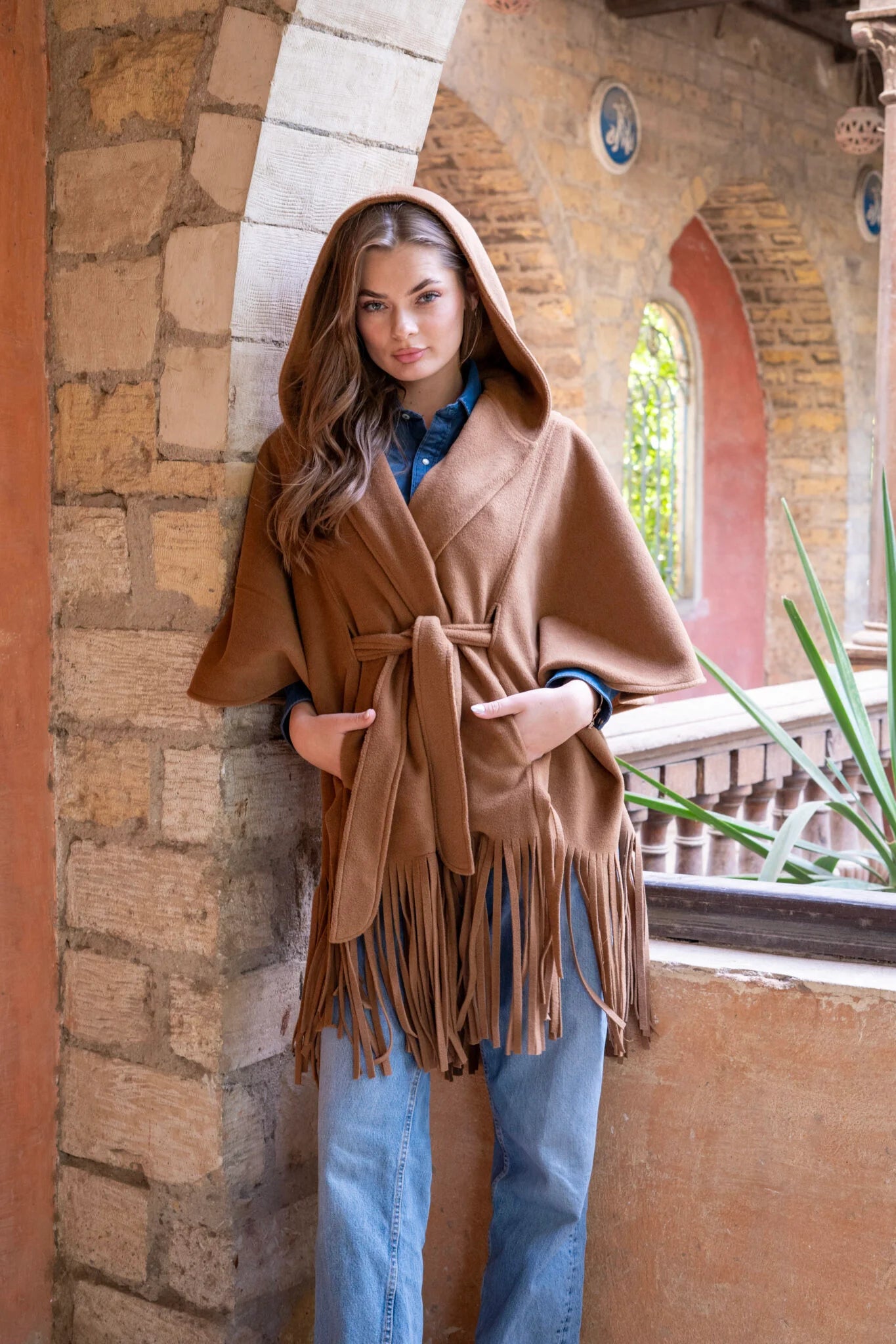 Camel Poncho With Fringes