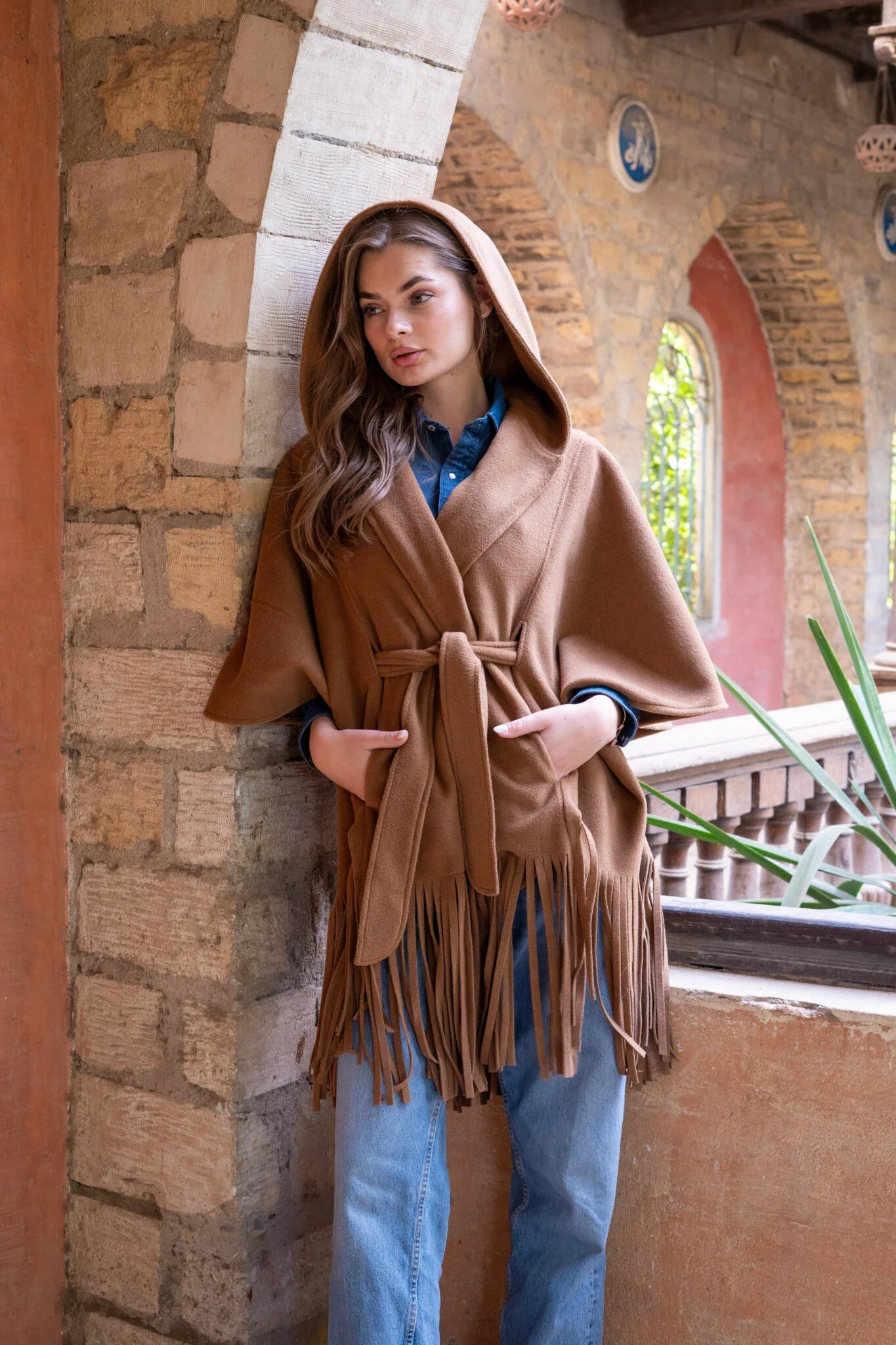 Camel Poncho With Fringes