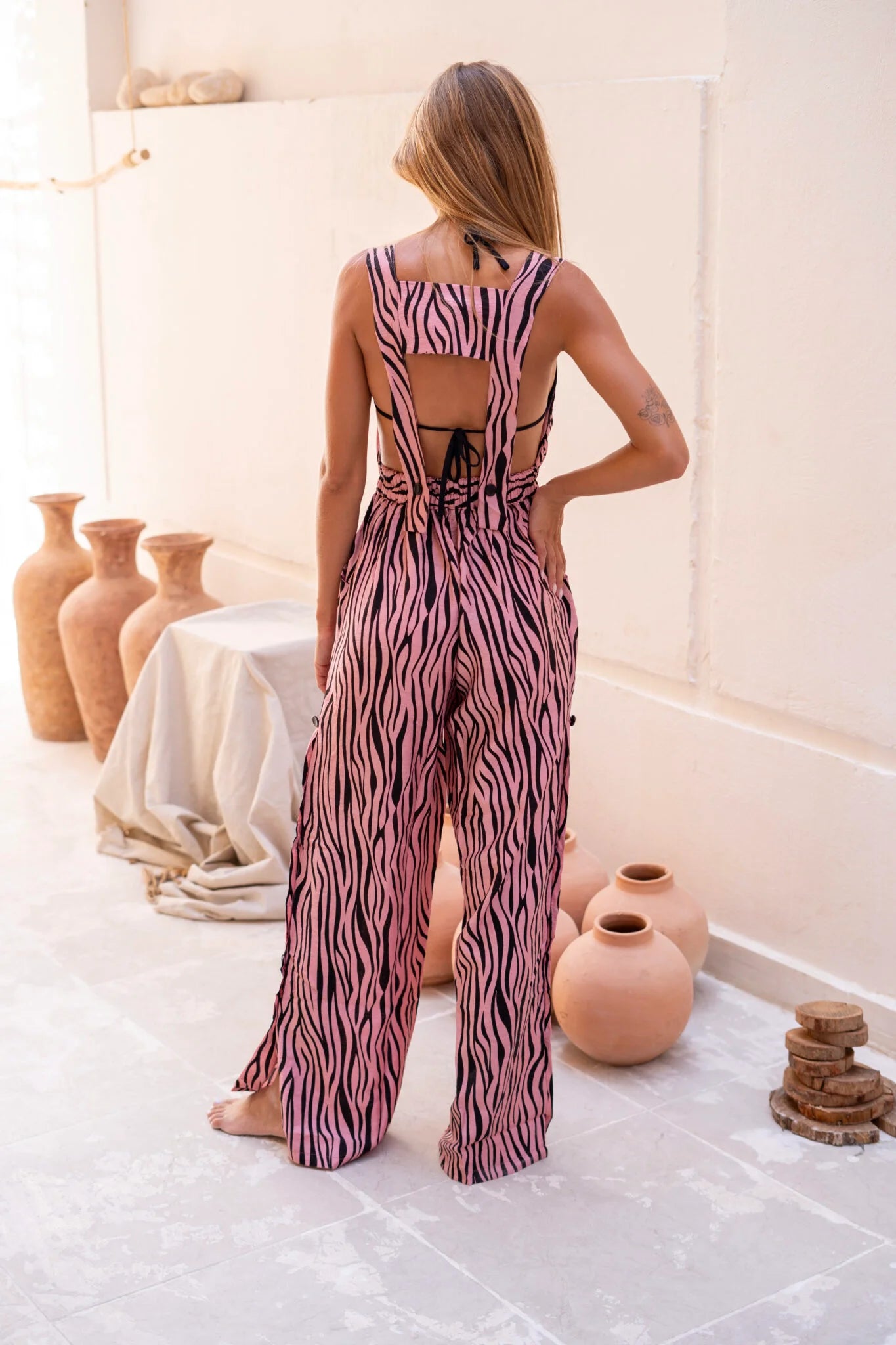 Patterned Lenin Buttons Square Collor Jumpsuit