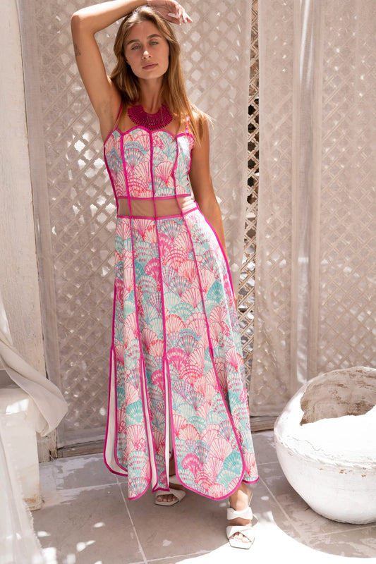 Pink Shells Patterned Dress with Waist Cut Outs