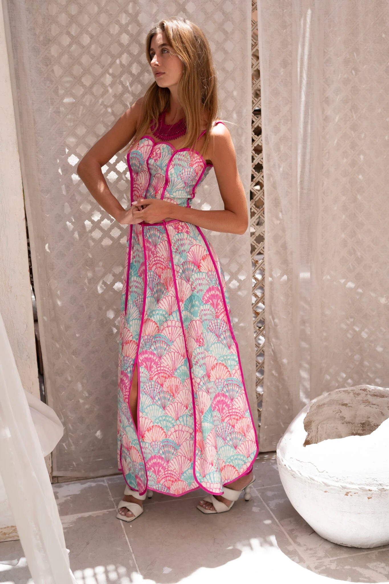 Pink Shells Patterned Dress with Waist Cut Outs