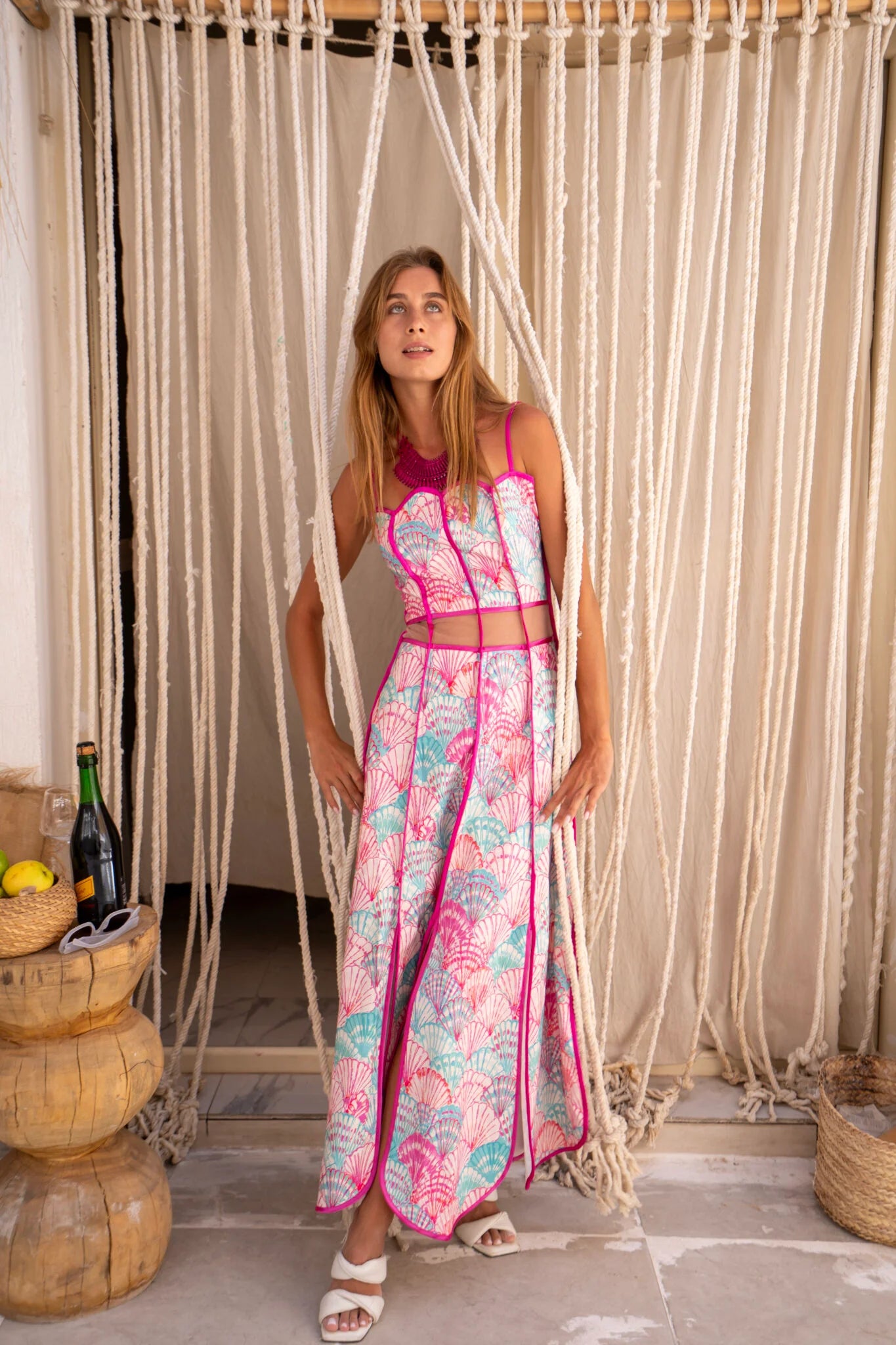 Pink Shells Patterned Dress with Waist Cut Outs