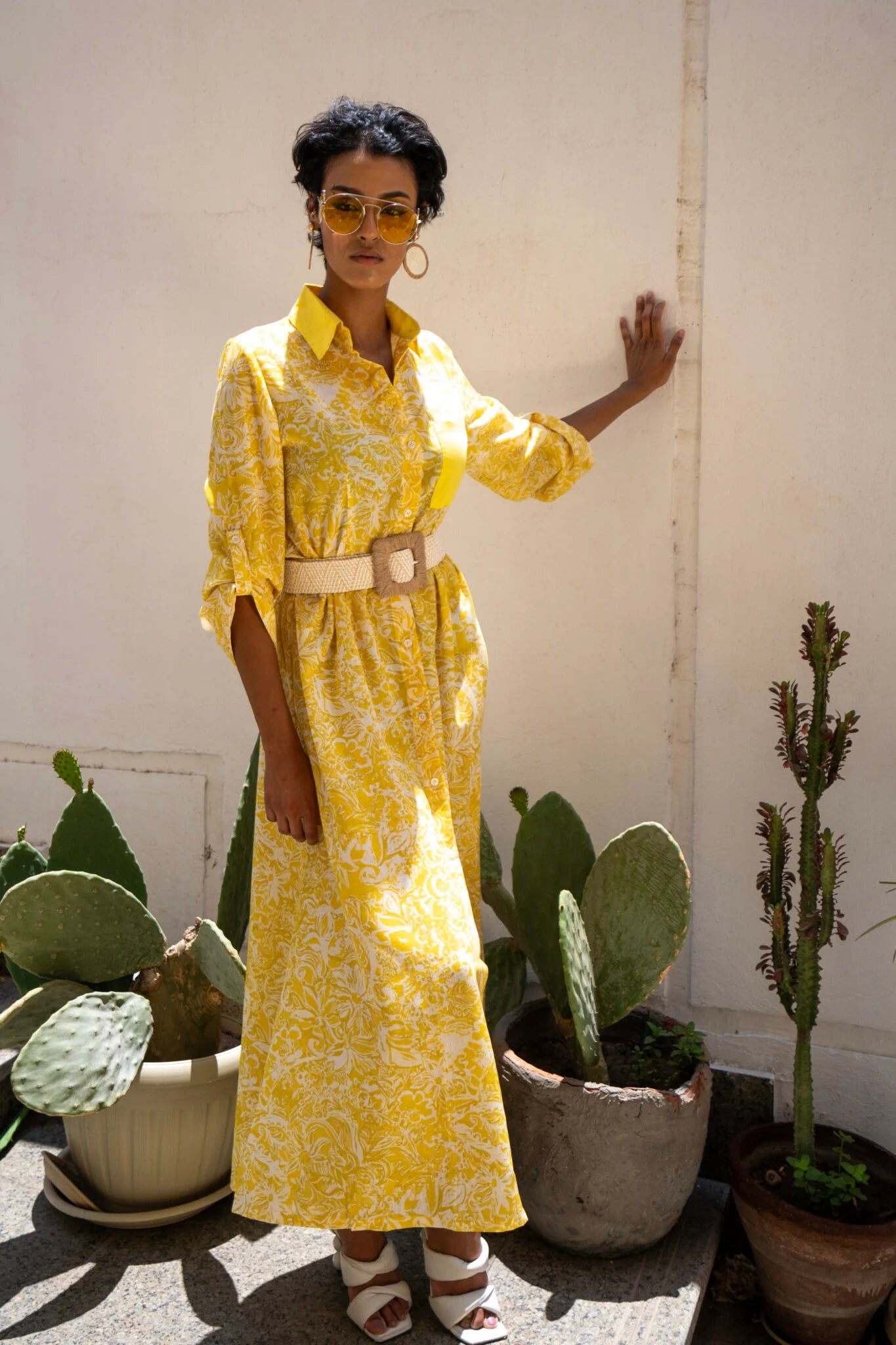Yellow Patterned Shirt Dress