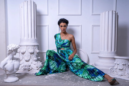 One Shoulder Pleated Floral Jumpsuit