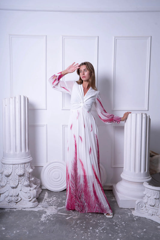 Pink Floral Printed V-neck Pleated Maxi Dress