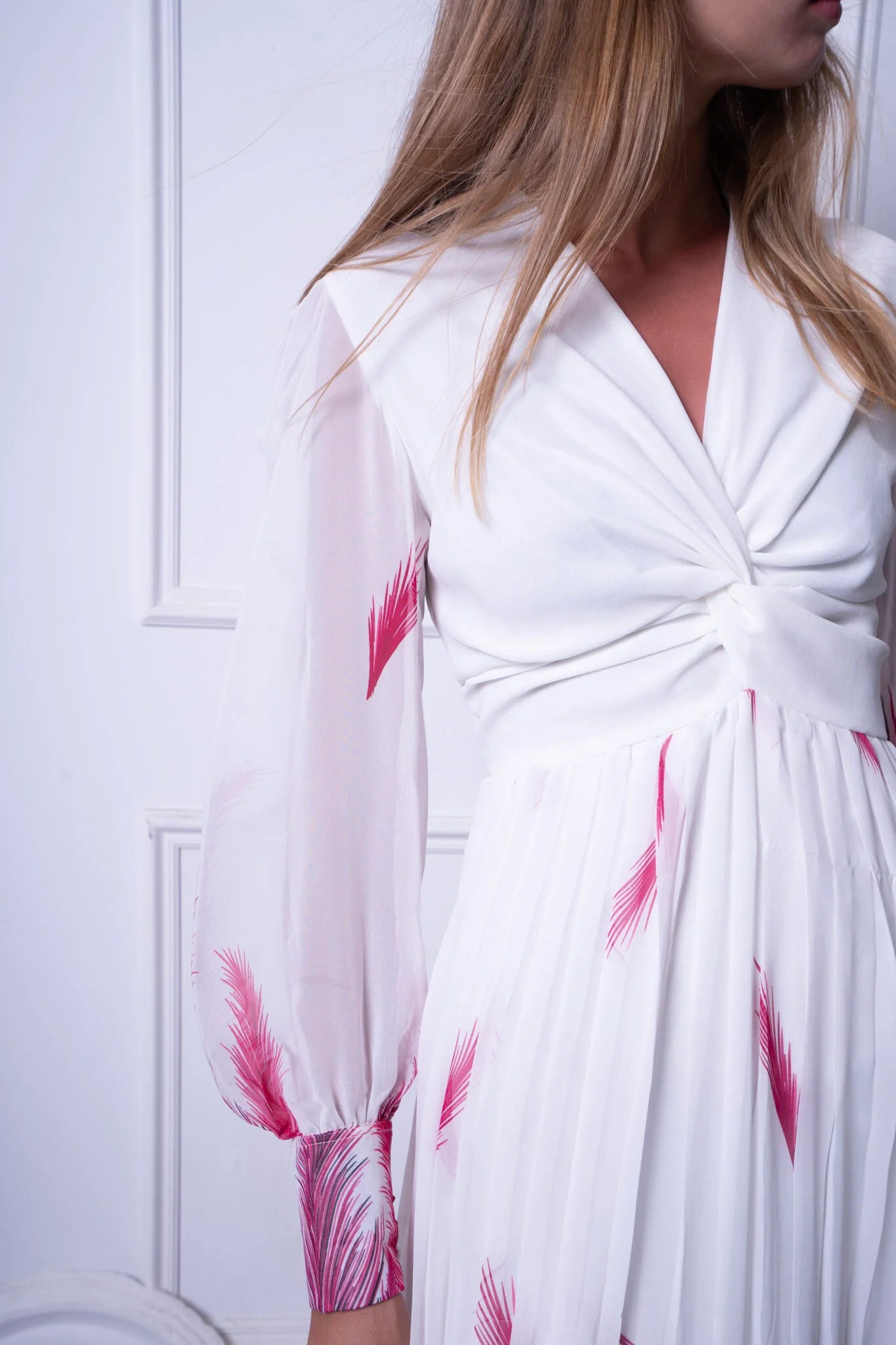 Pink Floral Printed V-neck Pleated Maxi Dress