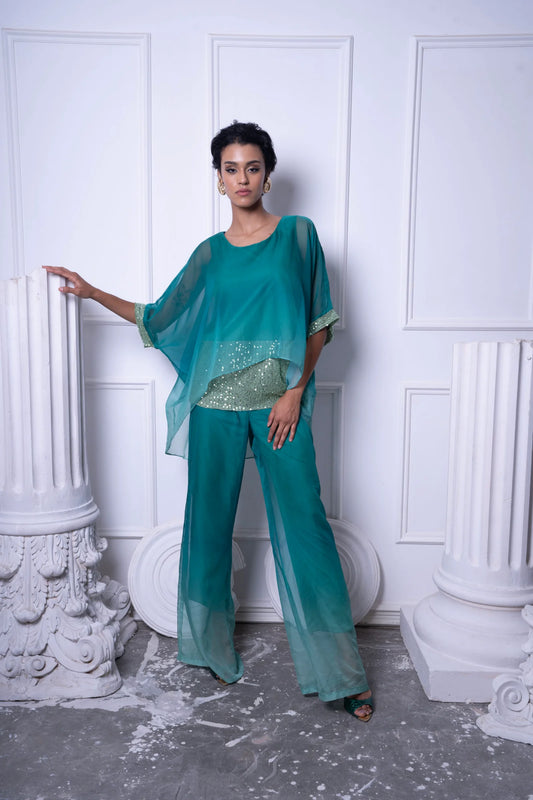 Gradient green silk sequin patchwork set