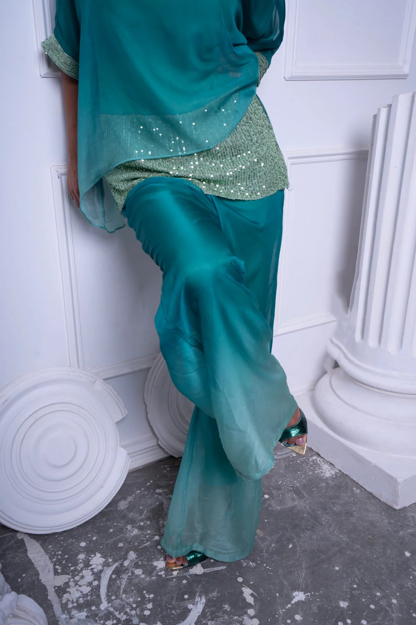 Gradient green silk sequin patchwork set