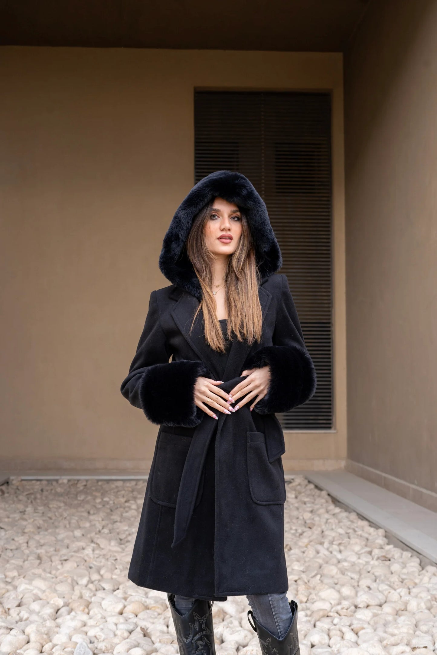 Black Coat with fur Hoodie and Cuffs