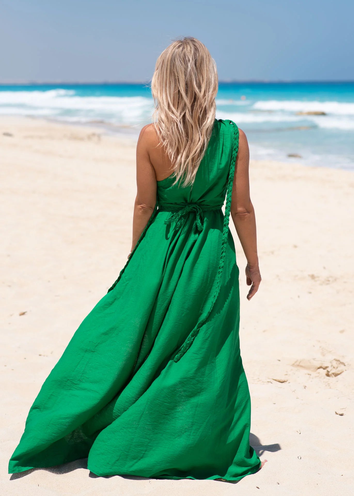 Green one shoulder linen dress