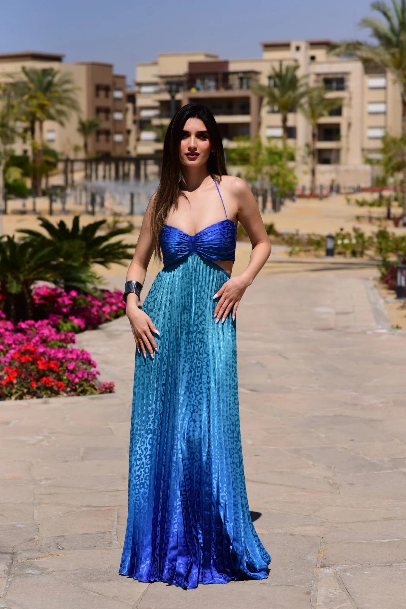 Mermaid pleated maxi dress in blue ombre