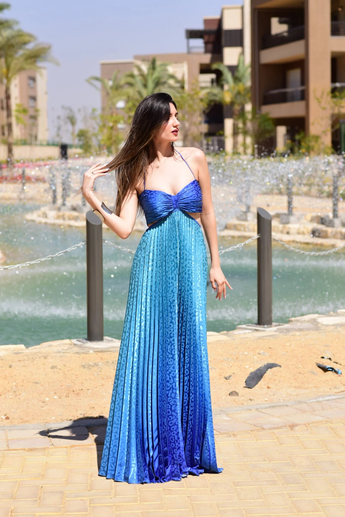 Mermaid pleated maxi dress in blue ombre
