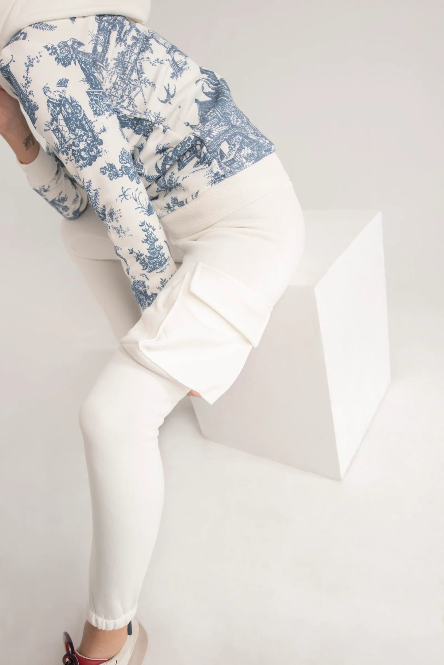 white sweatpants with puffy pockets