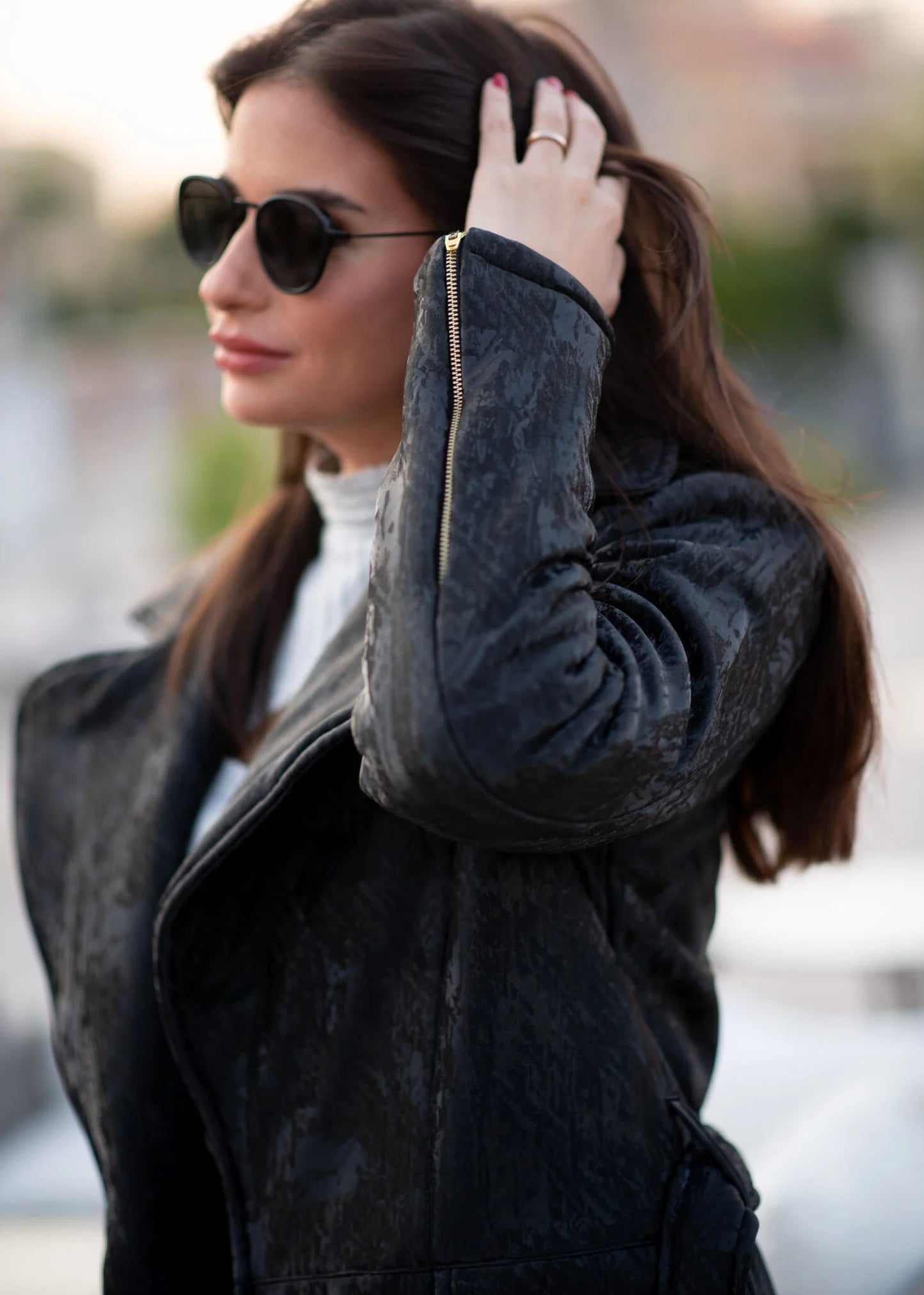 3D black leather coat
