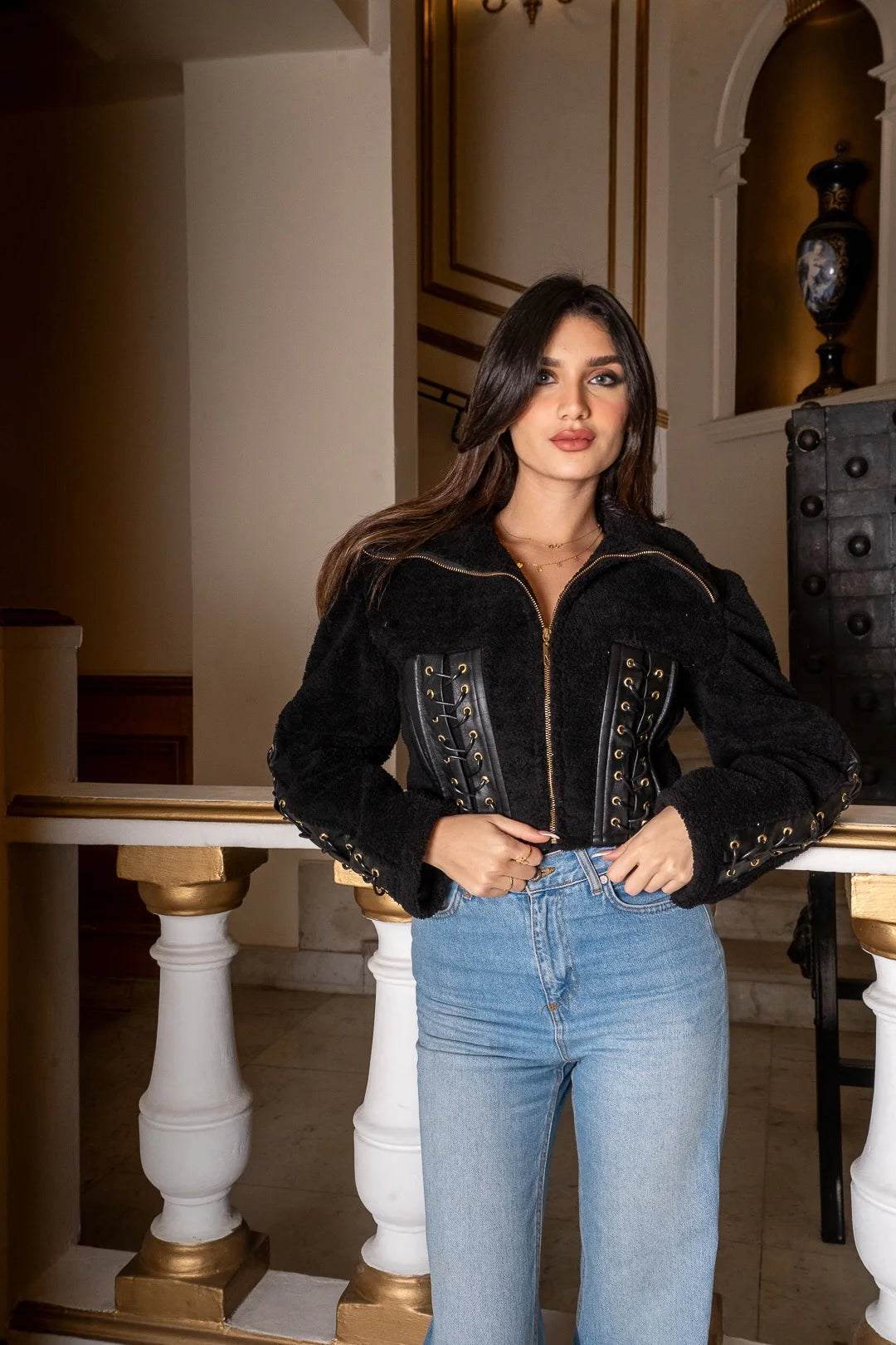 Black Teddy Jacket with Funnel Neck & Criss-Cross Rope Detail