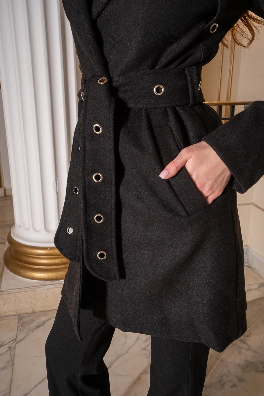 Black Coat with Metal Eyelets Detail