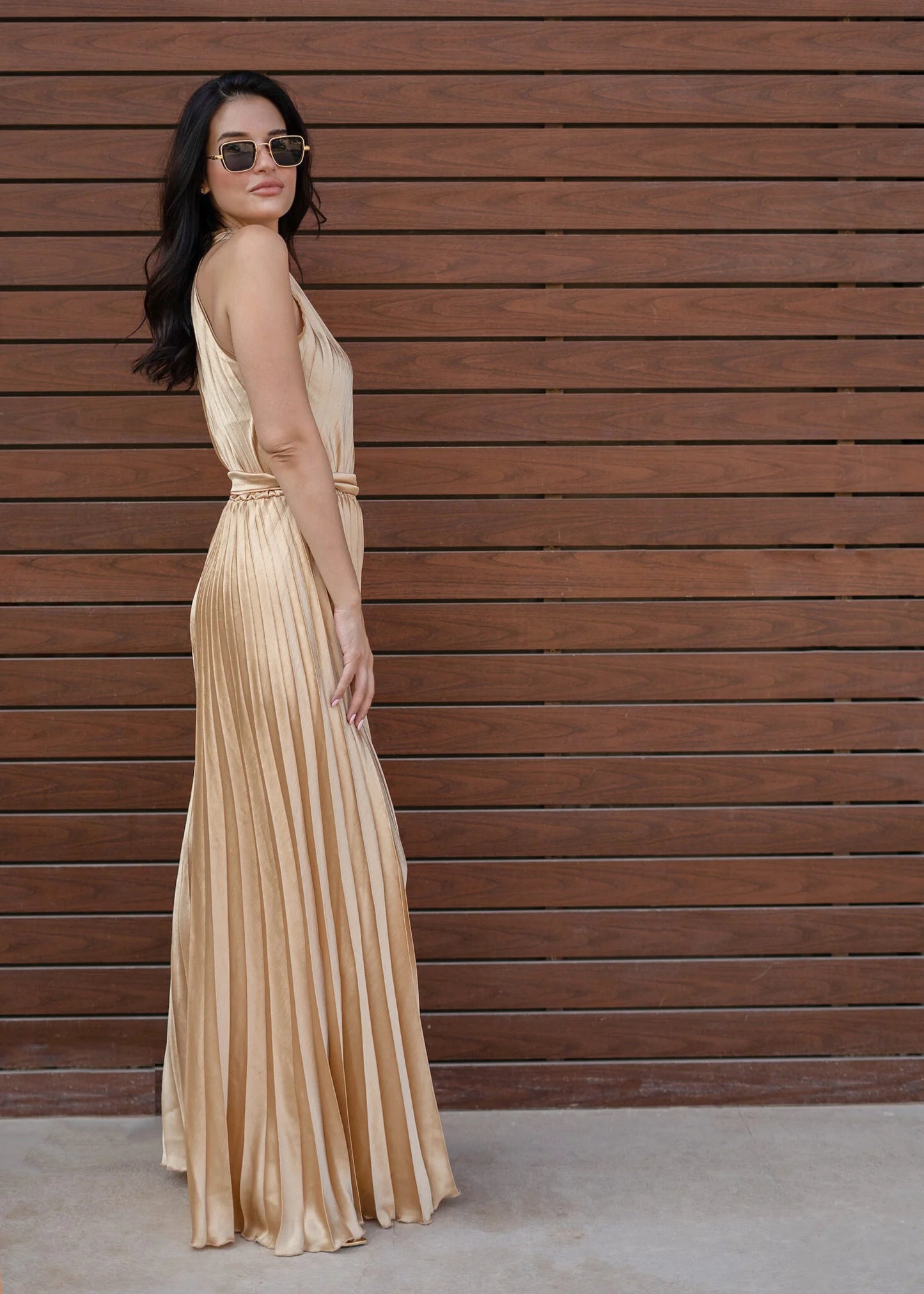 Silk satin pleated Gold Jumpsuit