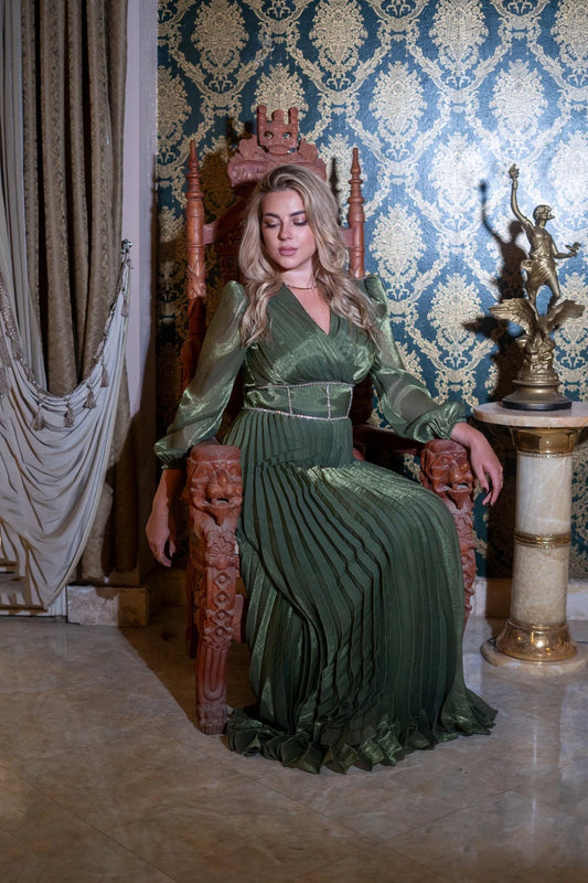 Olive Silk Chiffon Pleated Dress With Diamond Corset