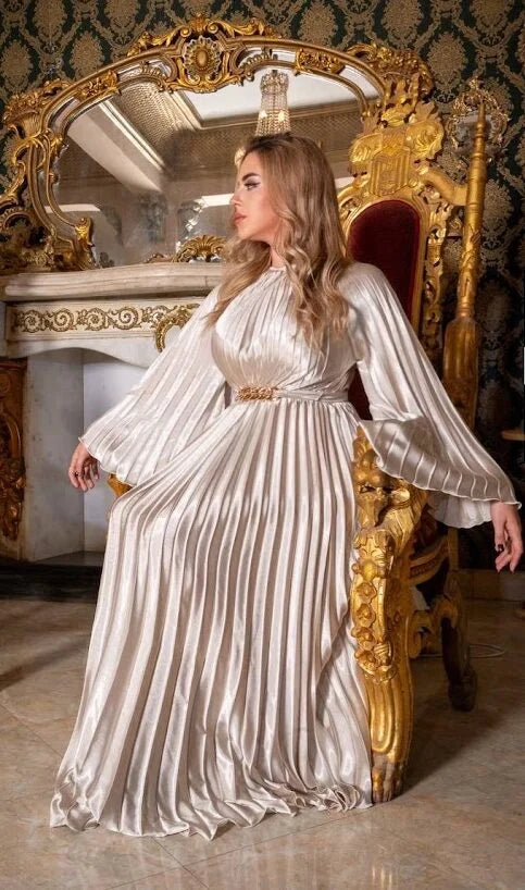 Champagne Pleated Dress With Gold Chain Dress