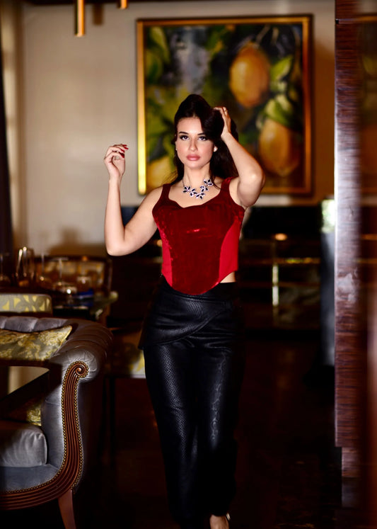 Black printed leather high waist cargo pants with buckle on the side