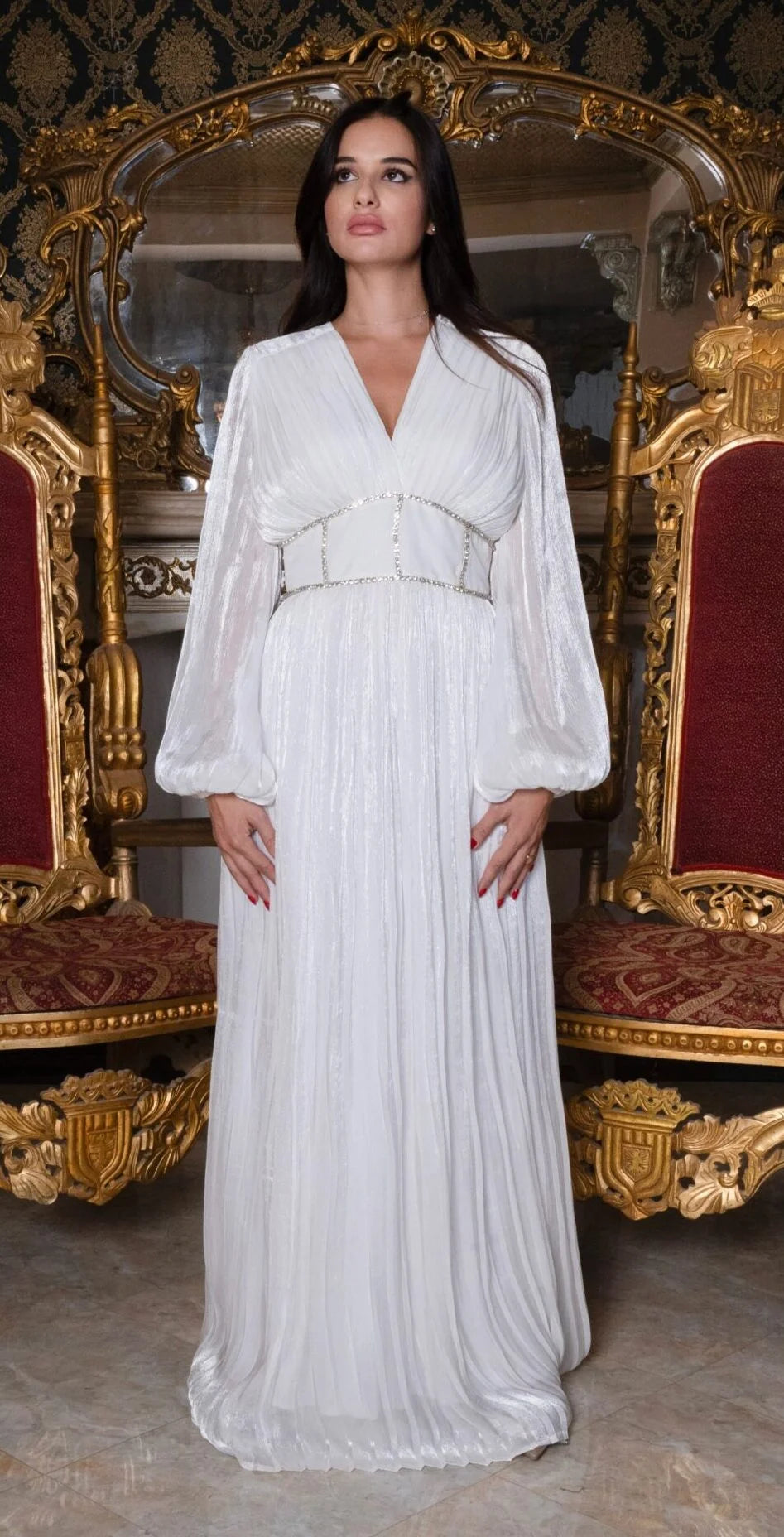 White Silk Chiffon Pleated Dress With Diamond Corset