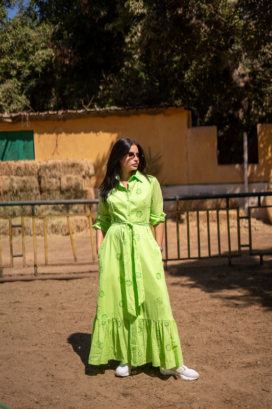 Broderie Lime Neon Green Maxi Dress
