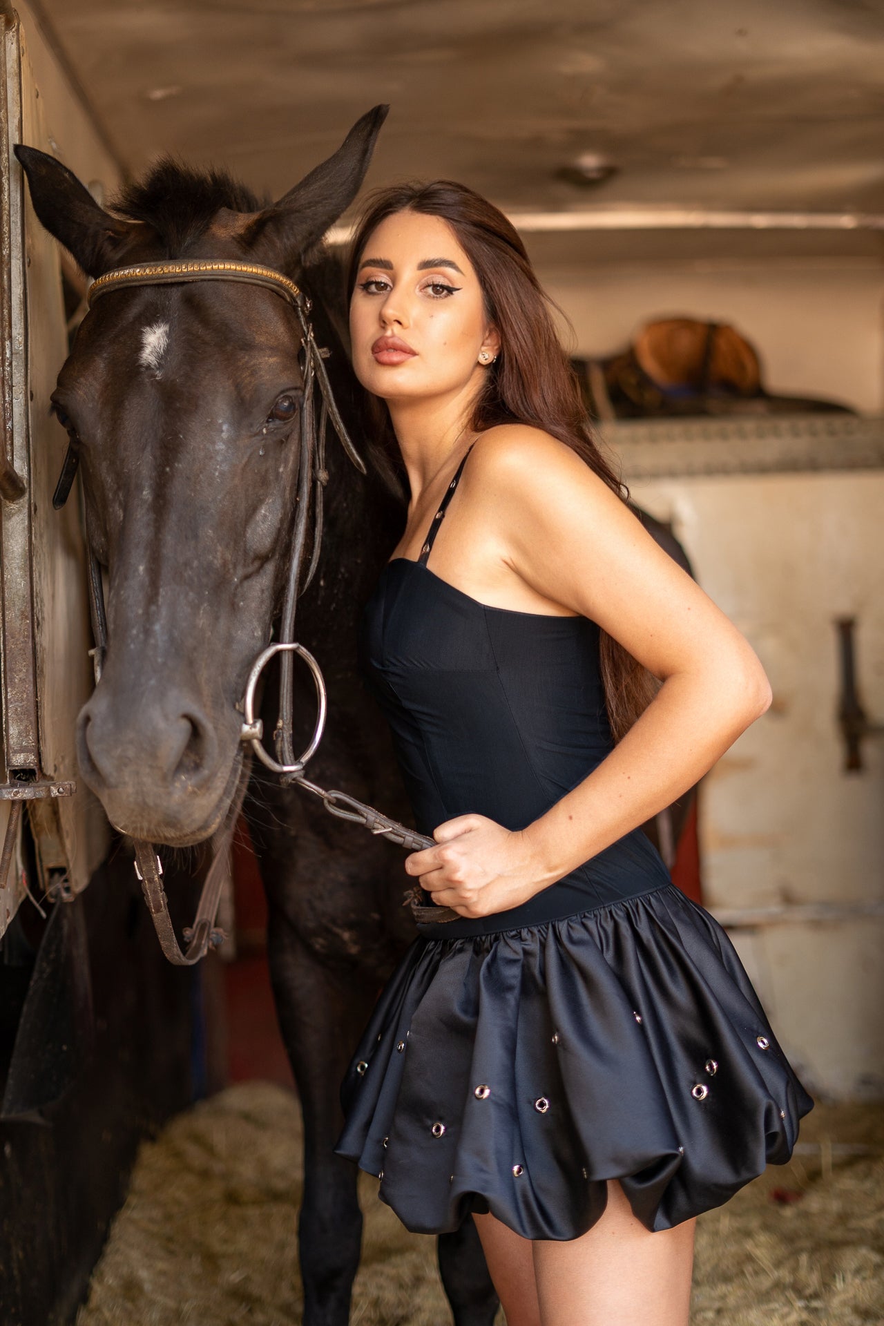Black short dress with balloon skirt