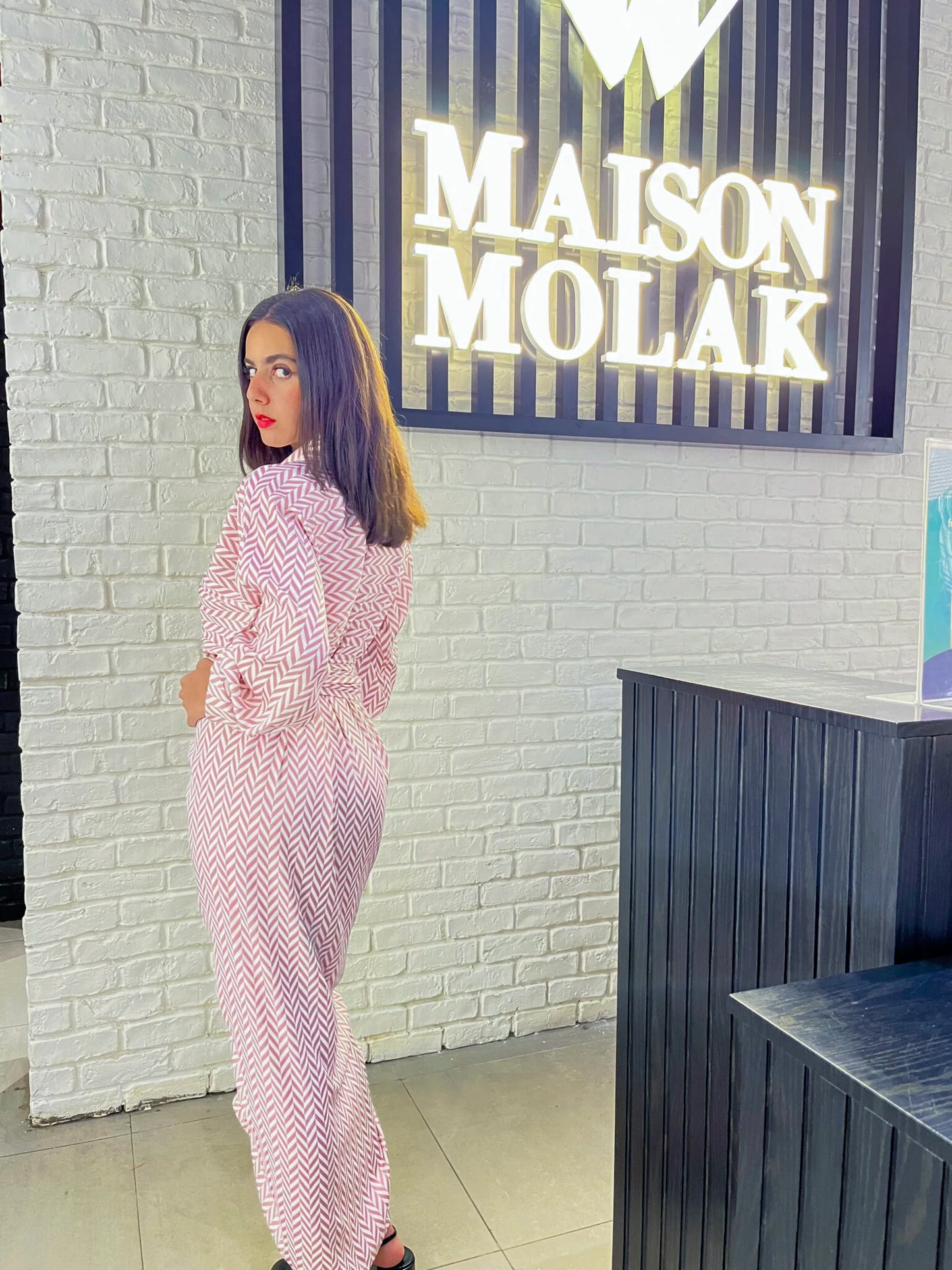Powder Rose Zigzag Patterned Silk Dress