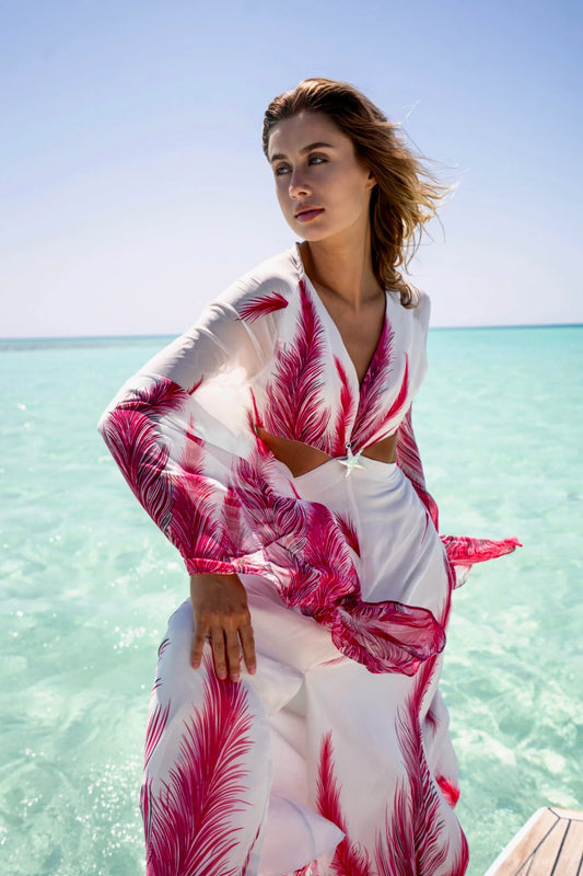 Fuchsia Leaves Dress with Waist Cutouts & Silver Starfish Accessory