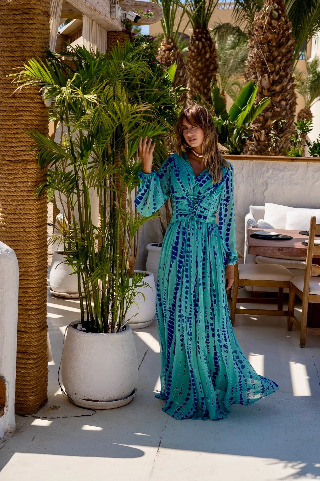 Blue Chiffon Corset Waisted Maxi Dress