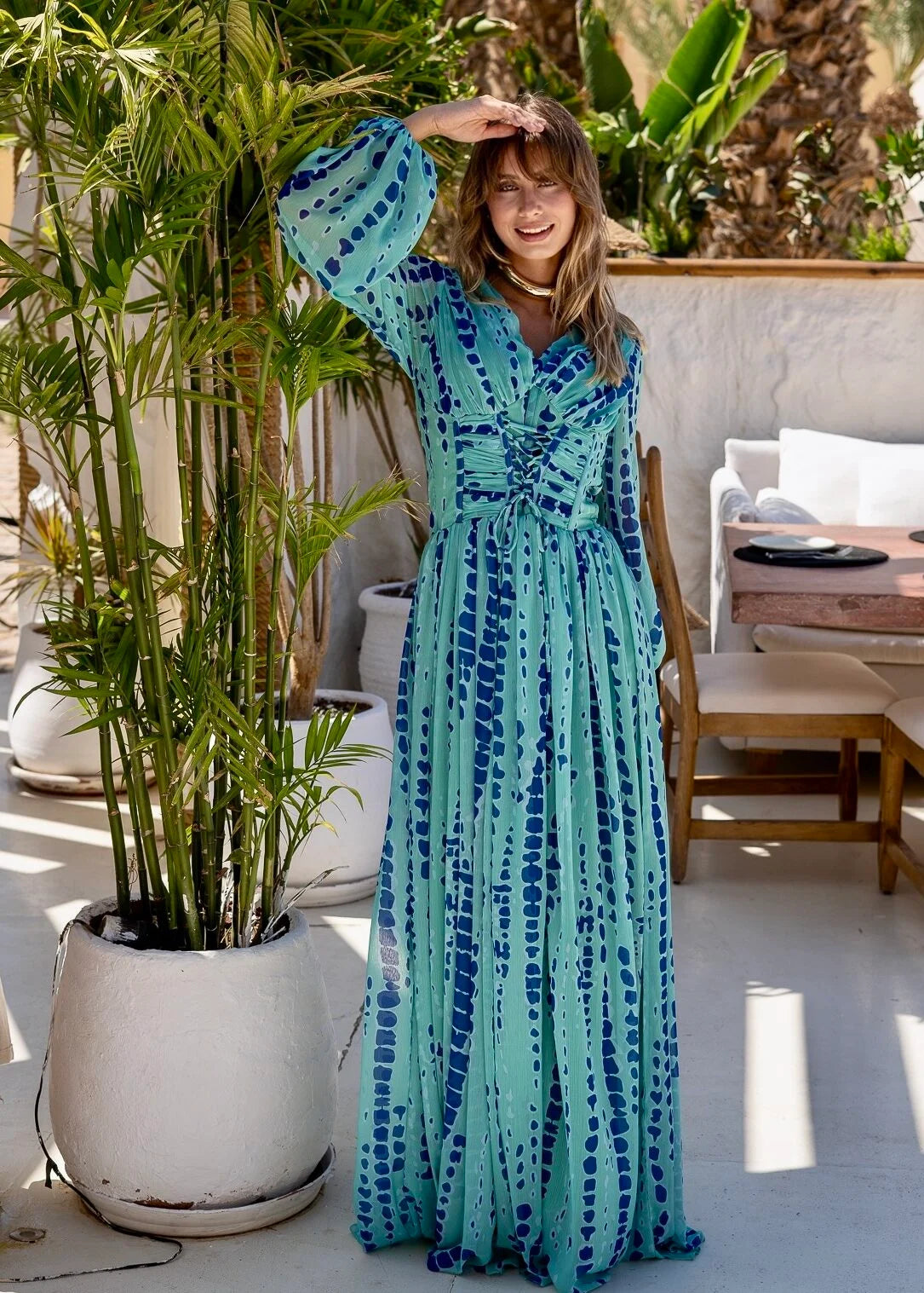 Blue Chiffon Corset Waisted Maxi Dress