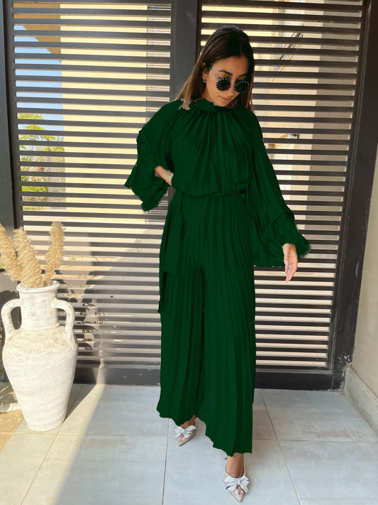 Silk satin Emerald pleated jumpsuit with sleeves